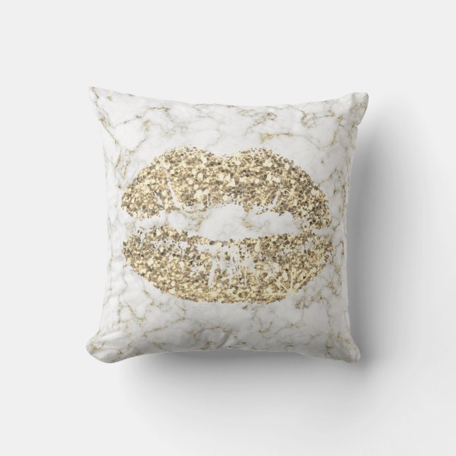 Guld Glitter Kiss Läppar Glam Makeup White Marble Kudde (Framsida)