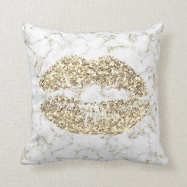 Guld Glitter Kiss Läppar Glam Makeup White Marble Kudde
