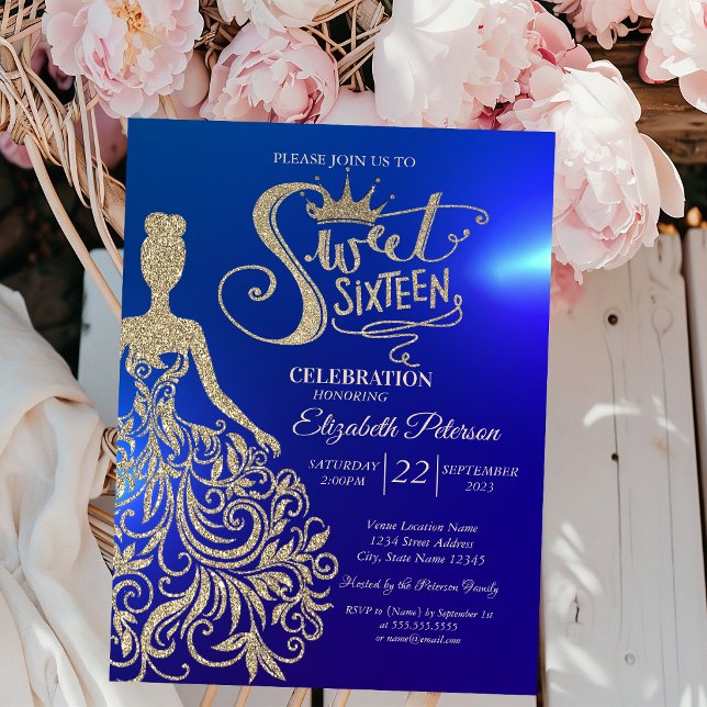 Guld Glitter Klänning, Tiara, Diamanter Blå Sweet  Inbjudningar (Skapare uppladdad)
