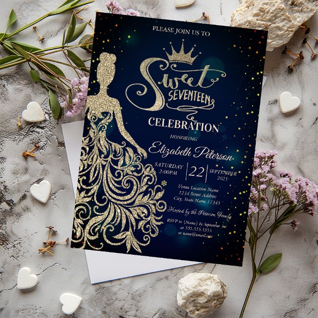 Guld Glitter Klänning, Tiara, Diamanter Blå Sweet  Inbjudningar (Skapare uppladdad)