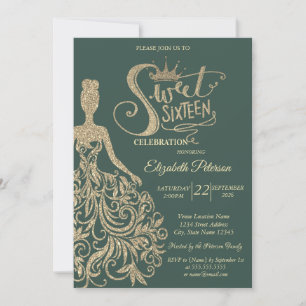 Guld Glitter Klänning, Tiara, Grön Sweet 16 Inbjudningar