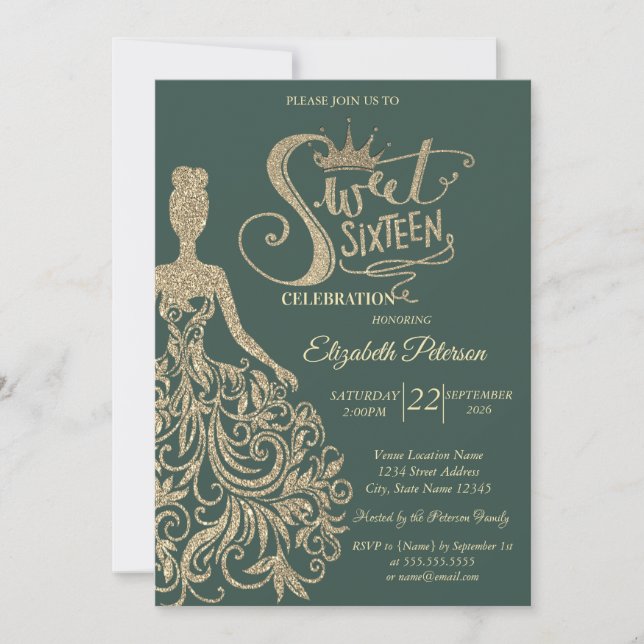 Guld Glitter Klänning, Tiara, Grön Sweet 16 Inbjudningar (Framsida)