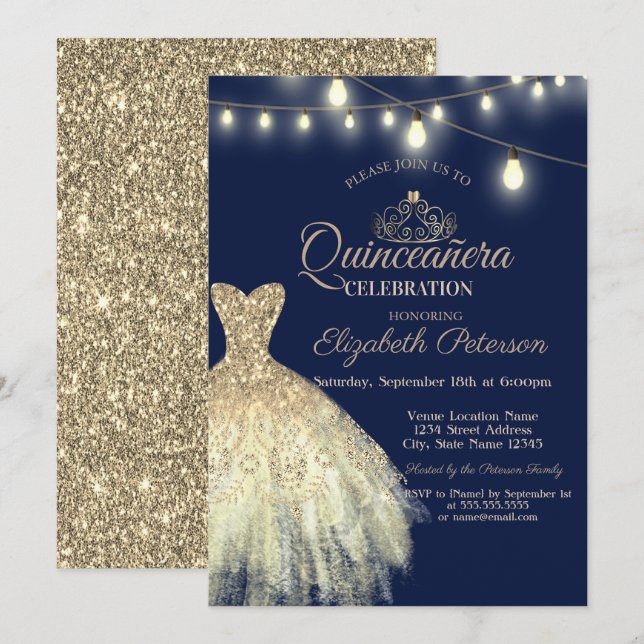 Guld Glitter Klänning,Tiara Quinceañera Inbjudningar (Fram/baksida)