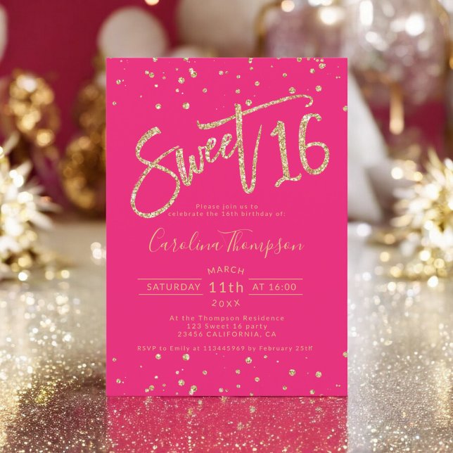 Guld glitter konetti neon rosa Sweet 16 foto Inbjudningar (Gold glitter confetti neon pink Sweet 16 photo Invitation)
