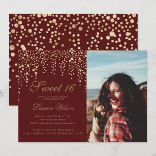 guld glitter konetti på rött sweet sixteen Photo Inbjudningar