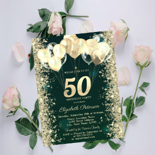 Guld Glitter Konfetti Ballonger Grön 50-årsdag Inbjudningar
