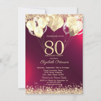 Guld Glitter Konfetti Ballonger Röda 80-årsdag Inbjudningar