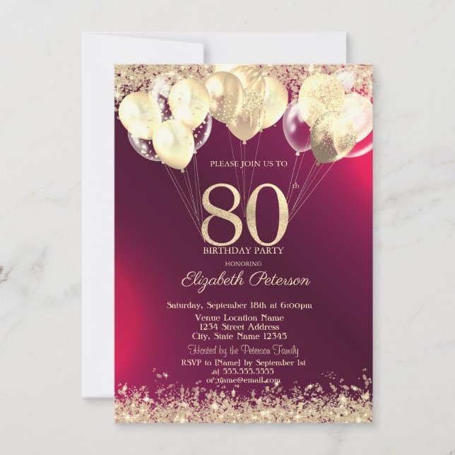 Guld Glitter Konfetti Ballonger Röda 80-årsdag Inbjudningar (Framsida)