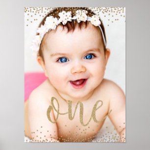 Guld Glitter Konfetti Första Födelsedagsaffisch Poster