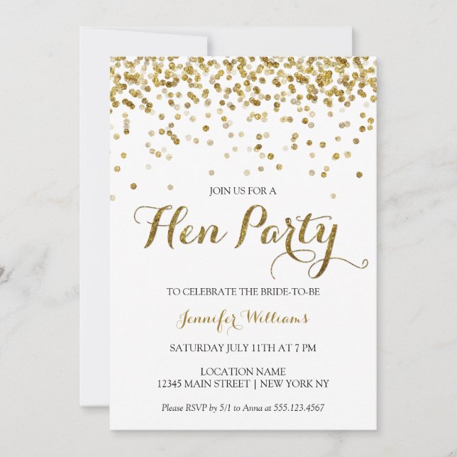 Guld Glitter Konfetti Hens Party Inbjudan (Framsida)