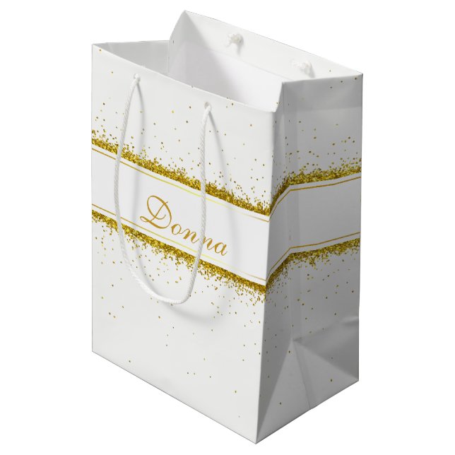 Guld Glitter Konfetti Namn - medelstor gifteksbag (Framsidan Vinklad)
