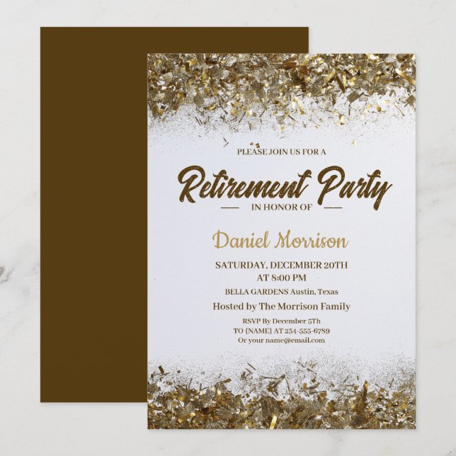 Guld Glitter Konfetti Pension Party 2024 Inbjudningar (Fram/baksida)