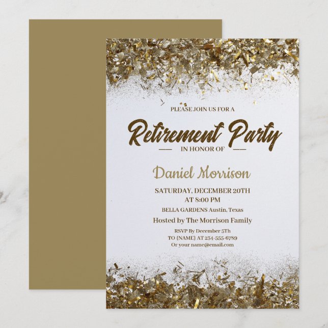 Guld Glitter Konfetti Pension Party 2024 Inbjudningar (Fram/baksida)