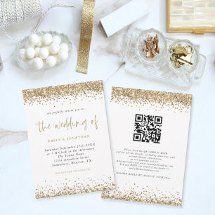 Guld Glitter Konfetti QR-kod Script Bröllop Inbjudningar