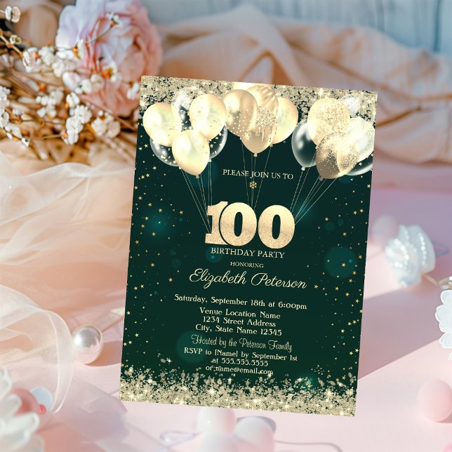 Guld Glitter Konfettiballonger Gröna 100-års Födel Inbjudningar (Skapare uppladdad)