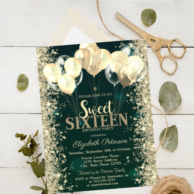Guld Glitter Konfettiballonger Gröna Sweet 16 Inbjudningar (Skapare uppladdad)