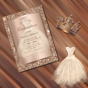 Guld Glitter Koppar Elegant Klänning Quinceañera Inbjudningar