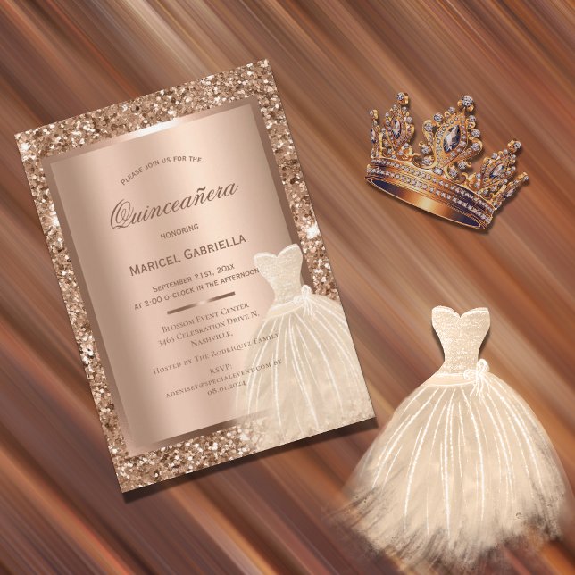 Guld Glitter Koppar Metallisk Elegant Quinceañera Inbjudningar (Skapare uppladdad)