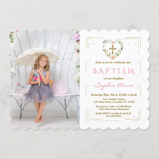 Guld Glitter Kor Blommigt Flickfoto Baptism i Rame Inbjudningar