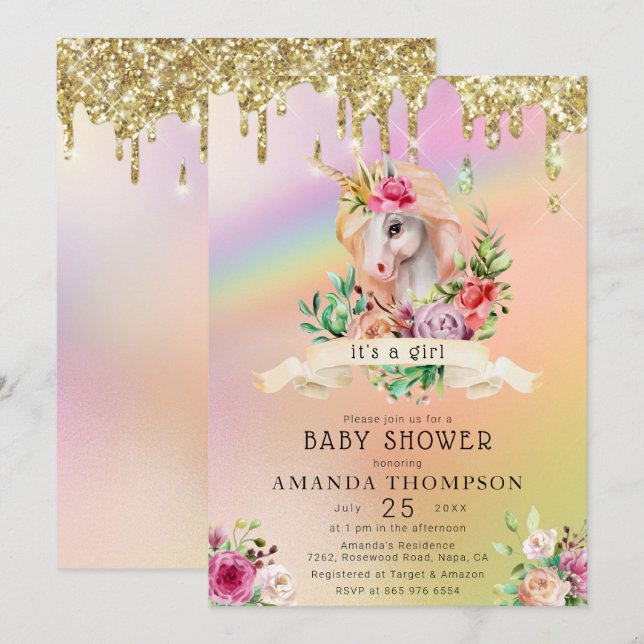 Guld Glitter kör en liten babyskor för flickor Inbjudningar (Fram/baksida)