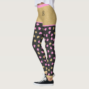 Guld Glitter Kort Rosa och Guld Hearts Monogram Leggings