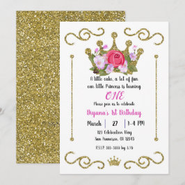 Guld Glitter Krona Blommig 1 FÖDD DAGS FEST 1 ÅR Inbjudningar