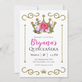 Guld Glitter Krona Blommig Foto Quinceñera-fest Inbjudningar