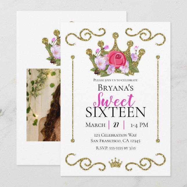Guld Glitter Krona Blommigt Fotosötat 16 Party Inbjudningar (Fram/baksida)