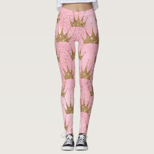Guld Glitter Krona med Rosa Glitter i bakgrunden Leggings