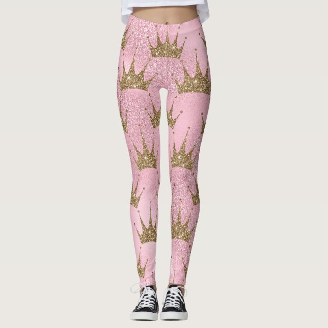 Guld Glitter Krona med Rosa Glitter i bakgrunden Leggings (Framsida)