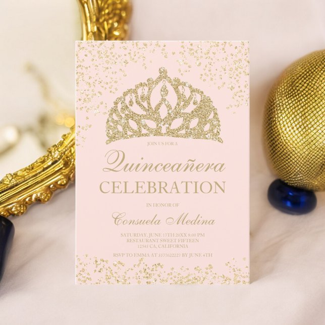 guld glitter  krona tiara Quinceañera Inbjudningar (gold glitter blush crown tiara Quinceañera Invitation)