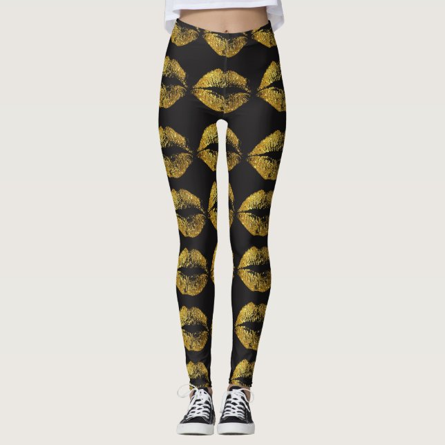 Guld Glitter Läppar Leggings (Framsida)