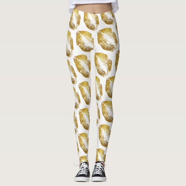 Guld Glitter Läppar Leggings (Framsida)