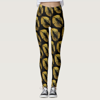 Guld Glitter Läppar Modern Black Leggings