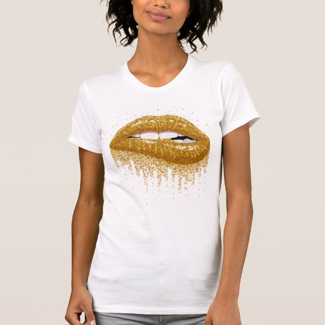 Guld Glitter Läppar T Shirt (Framsida)