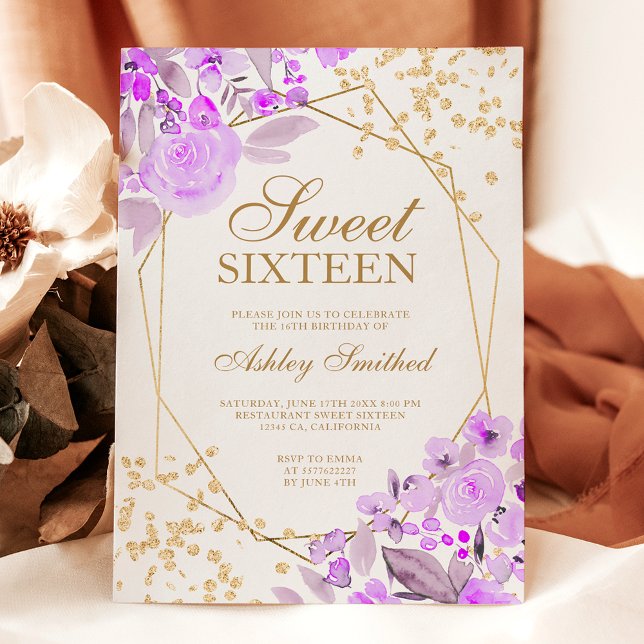 Guld glitter lavender blommigt vattenfärg Söt 16 Inbjudningar (Gold glitter lavender floral watercolor Sweet 16 Invitation)