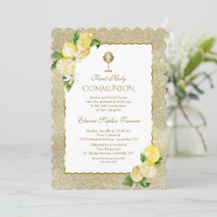 Guld Glitter Lemon Fruit Flower Första kommissione Inbjudningar