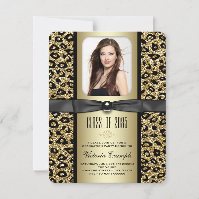 Guld Glitter Leopard Examenstillkännagivande Inbjudningar (Framsida)