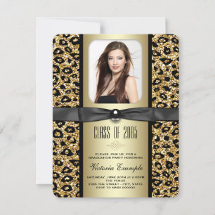 Guld Glitter Leopard Examenstillkännagivande Inbjudningar