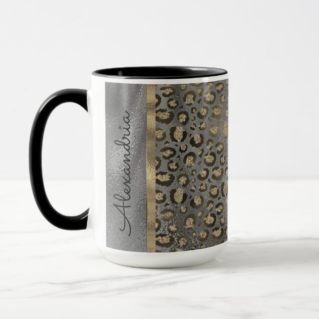 Guld Glitter Leopard Skriv ut på Grått Personlig Mugg (Vänster)