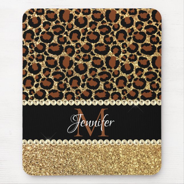 Guld Glitter Leopard Tjej Glam Monogram Musmatta (Framsidan)