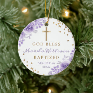 Guld Glitter Lila Blommigt Flickbaptism Foto Julgransprydnad Keramik