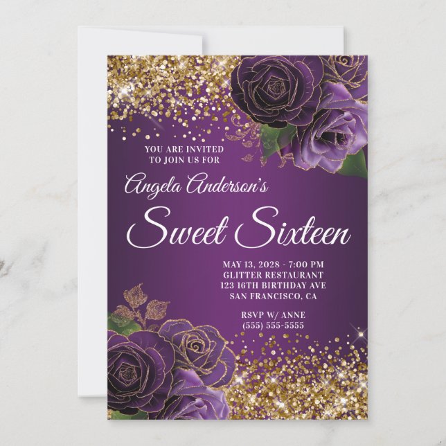 Guld Glitter Lila Blommigt Glam Sweet sixteen Inbjudningar (Framsida)