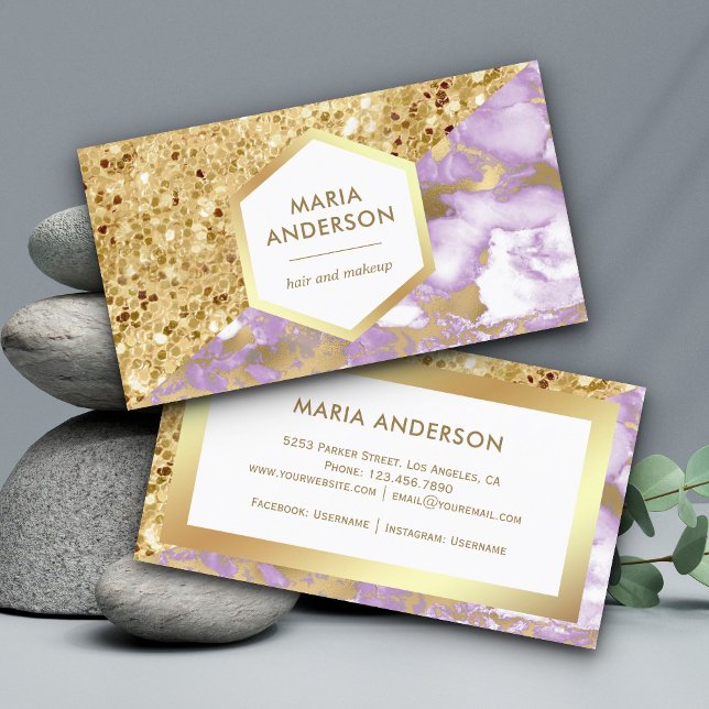 Guld Glitter Lila Lavendel Marmor Sminkartist Visitkort (Skapare uppladdad)