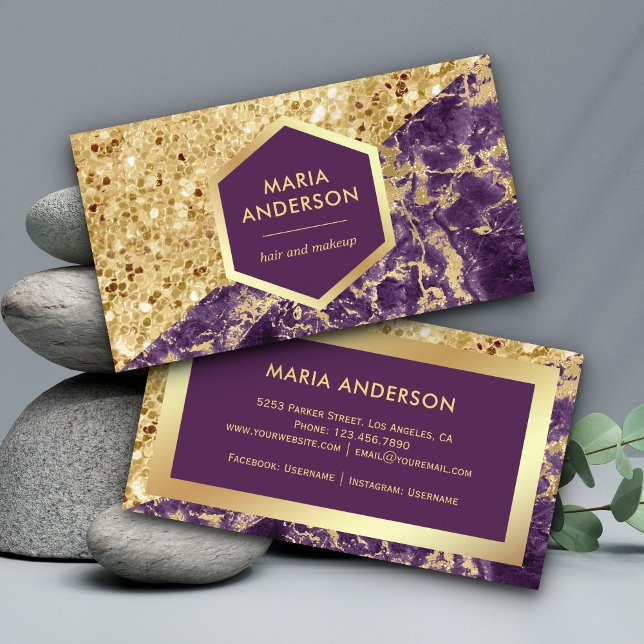 Guld Glitter Lila Marmor Sminkartist Visitkort (Skapare uppladdad)