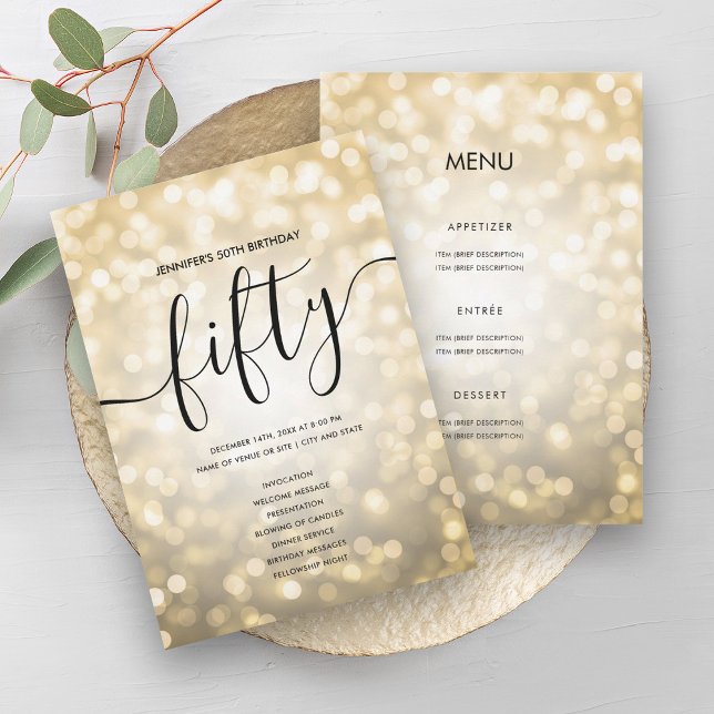 Guld Glitter Ljus 50:e födelsedag-menyprogrammet Inbjudningar (Gold Glitter Lights 50th Birthday Menu Program)