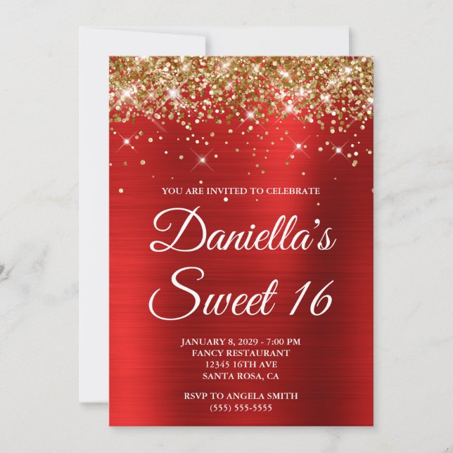 Guld Glitter Ljusröd Folie Sweet 16 Inbjudningar (Framsida)
