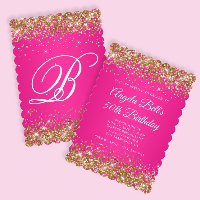 Guld Glitter Ljusrosa Monogram 50-årsdag Inbjudningar (Create your own faux golden glitter and hot pink birthday invite.)