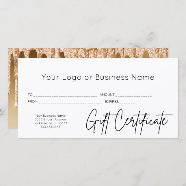 Guld Glitter Logotyp-skript Business Gift-certifik (Fram/baksida)