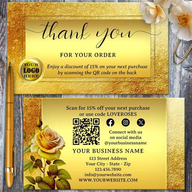 Guld Glitter Logotyp Tack För Din Beställning Visitkort (Thank you for your order business card featuring a gold glitter design with social media and QR code)